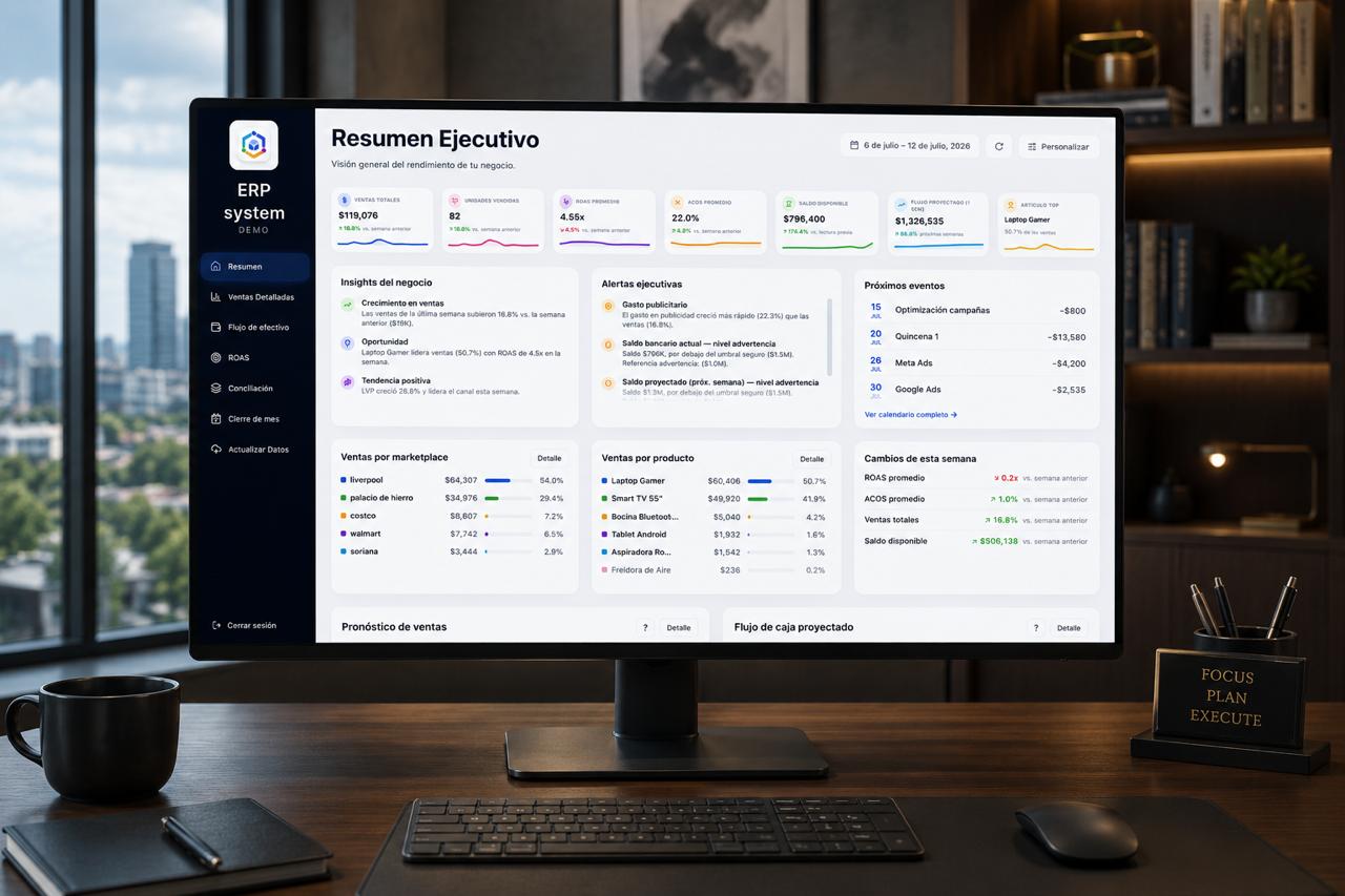 Desk monitor showing a demo ERP dashboard in a workspace