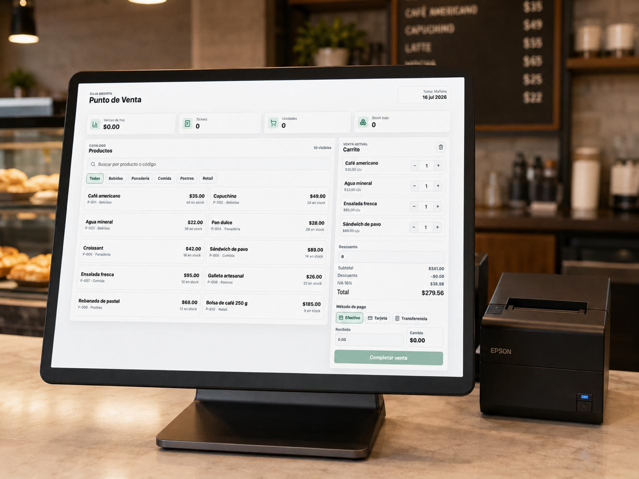 Cafe point of sale terminal with order and payment screens at the counter