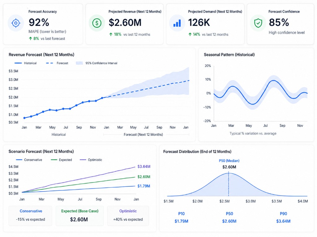 Data science dashboard with revenue forecasts, scenarios, and confidence intervals