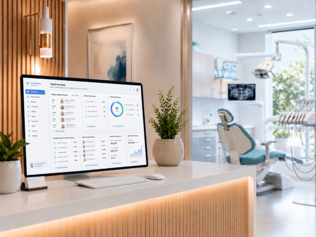 Dental clinic management dashboard on a reception desk monitor with appointments, patients, treatments, and billing