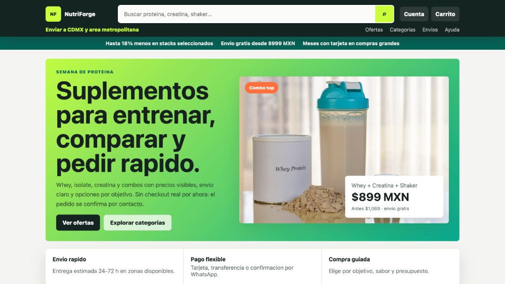 NutriForge supplements store desktop layout, shown with permission