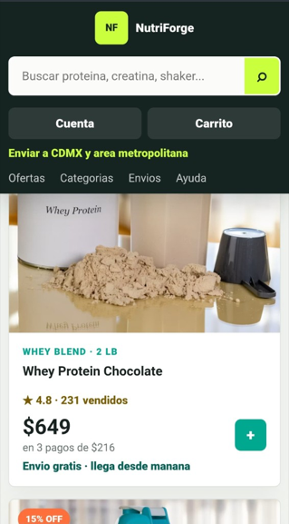 NutriForge supplements product card on mobile, shown with permission