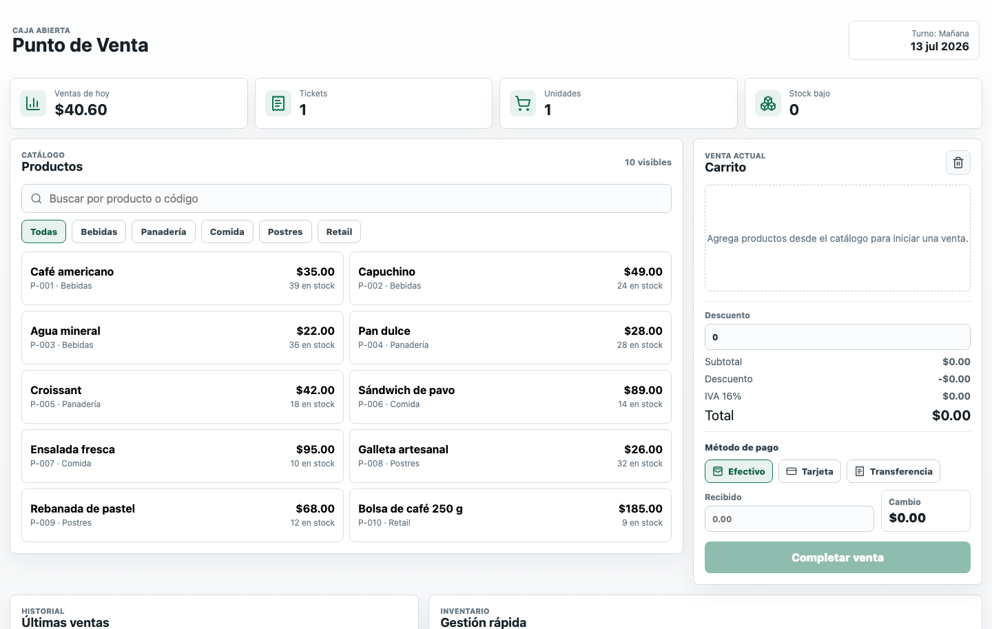 Spanish point of sale app showing products, cart, payment methods, inventory, and sales history